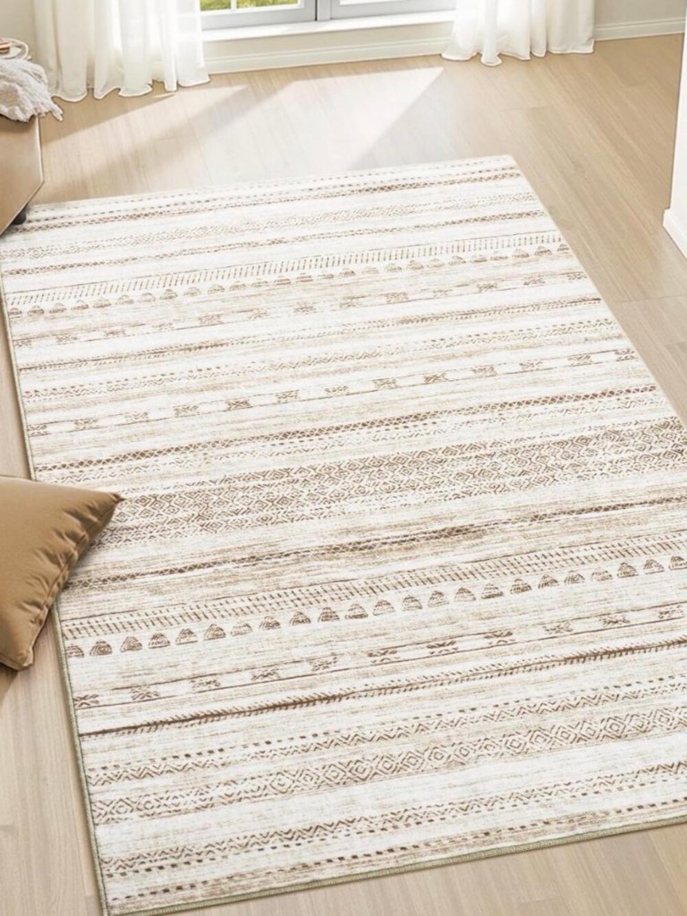 3x5 Washable Area Rug Non Slip TPR Backing Boho Beige Cream Tribal Accent Rug